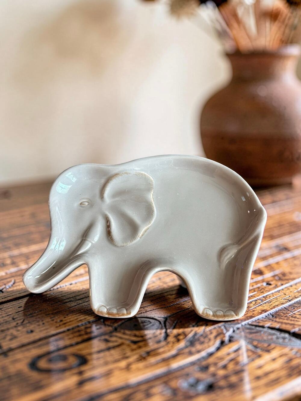 New Ceramic Elephant Trinket Dish | Gray Glazed Jewelry Tray Safari Ring Holder
